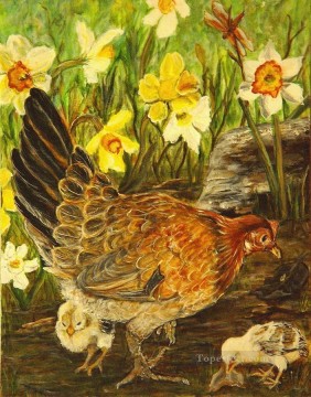 家禽 Painting - 鶏とひよこ